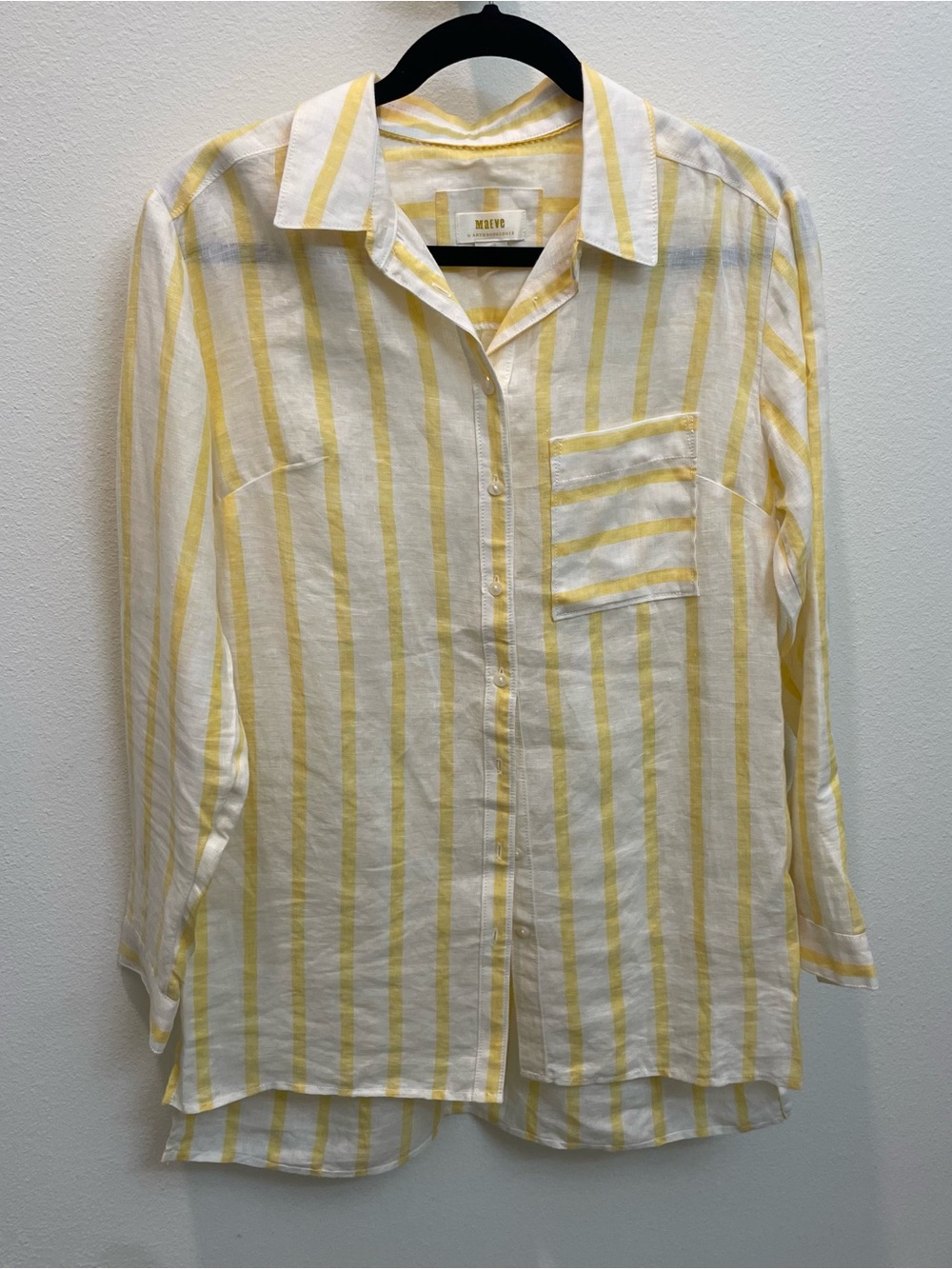 Maeve Anthropologie Linen Yellow/White Oversized Stripe Button-Down Long Sleeve